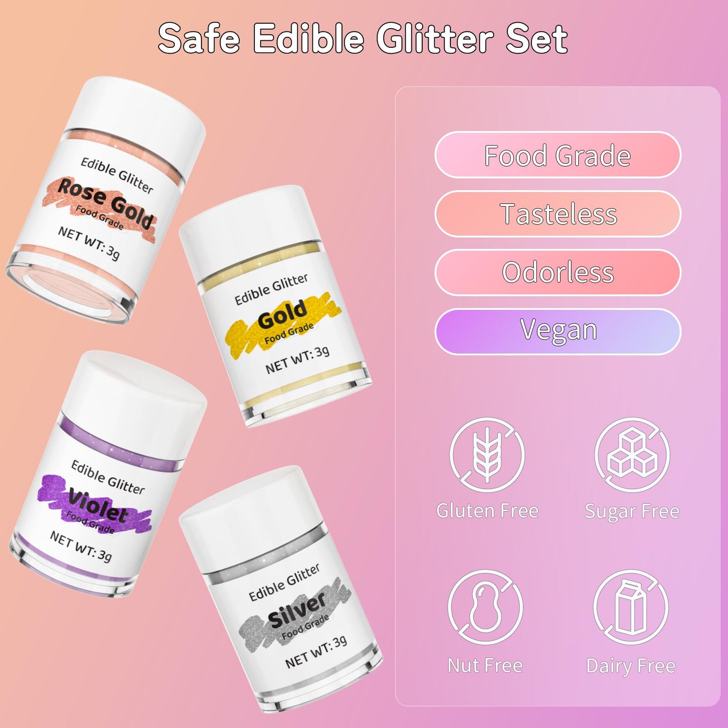 Cherrysea Food Coloring Edible Glitter Drink Shimmer 4 Colors No Taste Food Grade Edible Luster Dust Powder Set for Cocktails Champagne Beverages,Vegan, Gluten Free - 3g/Bottle