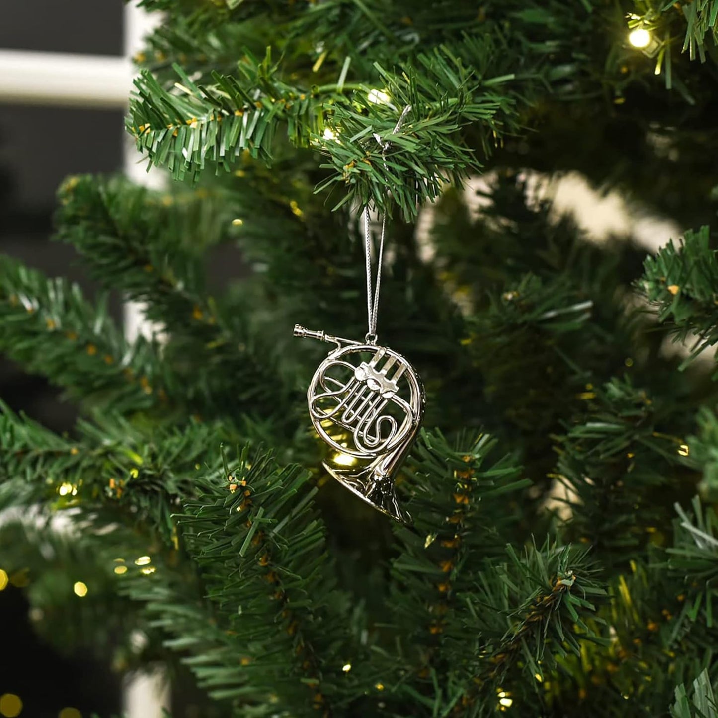 French Horn Hanging Ornament - 4 Inch Silver Tone Brass Decoration by Broadway Gifts