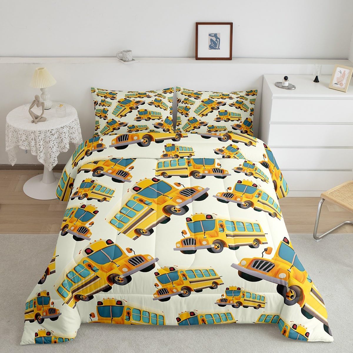 Cartoon Police Car Bedding Set Red Fire Truck Comforter Set for Kids Boys Fire Extinguisher Duvet Set Airplane Comforter 1 Comforter Set with 2 Pillowcases Full Size Boys