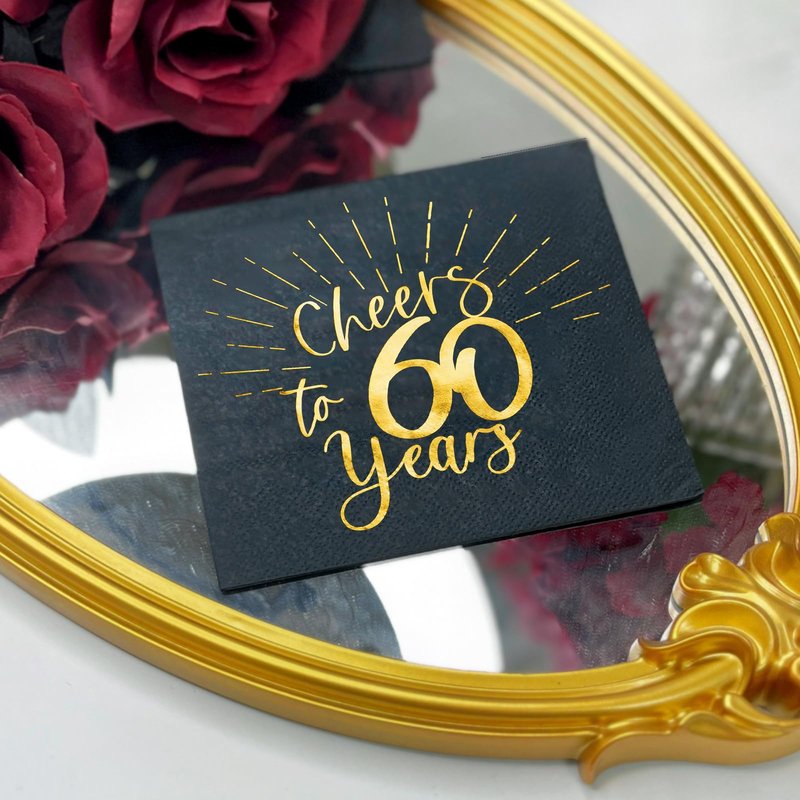 WRAPAHOLIC 50Pcs 60th Birthday Napkins - 3-Ply Disposable Paper Cocktail Napkin, Black and Gold Foil Cheers to 60 Years - 5 x 5 In