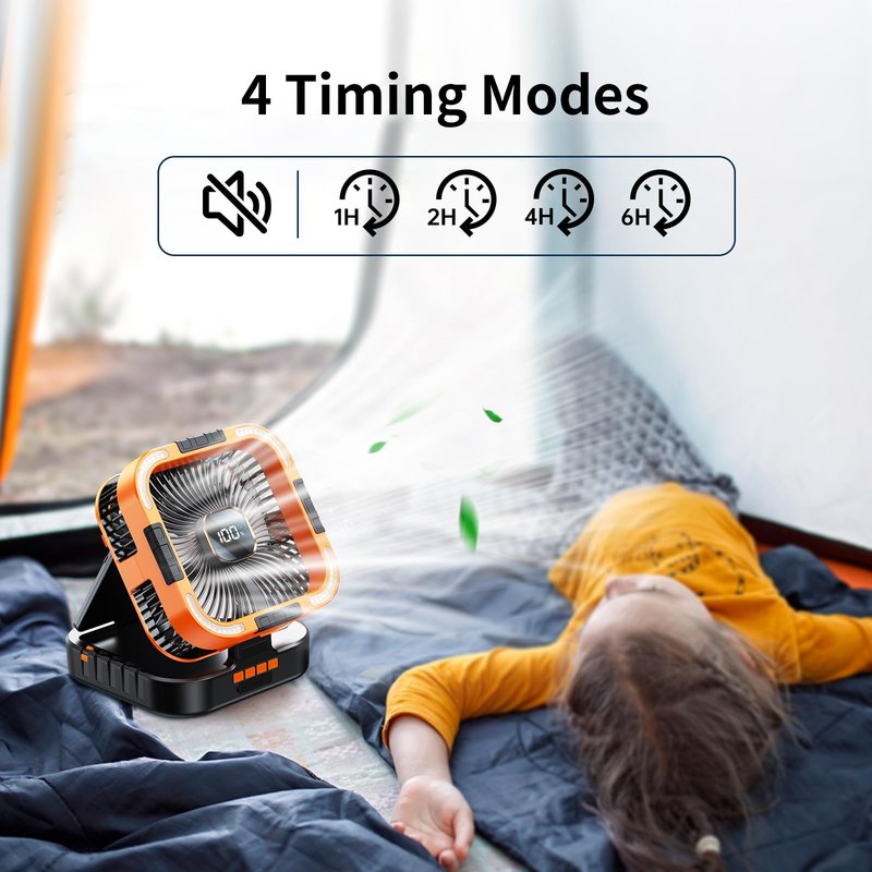 KIMMOO Solar Camping Fan with Light-10000mAh Rechargeable Portable, 6 Speeds, Digital Display, Timer, 120° Oscillation, Cordless Battery Powered Fan for Home Outdoor Tent Travel BBQ Fishing (Orange)