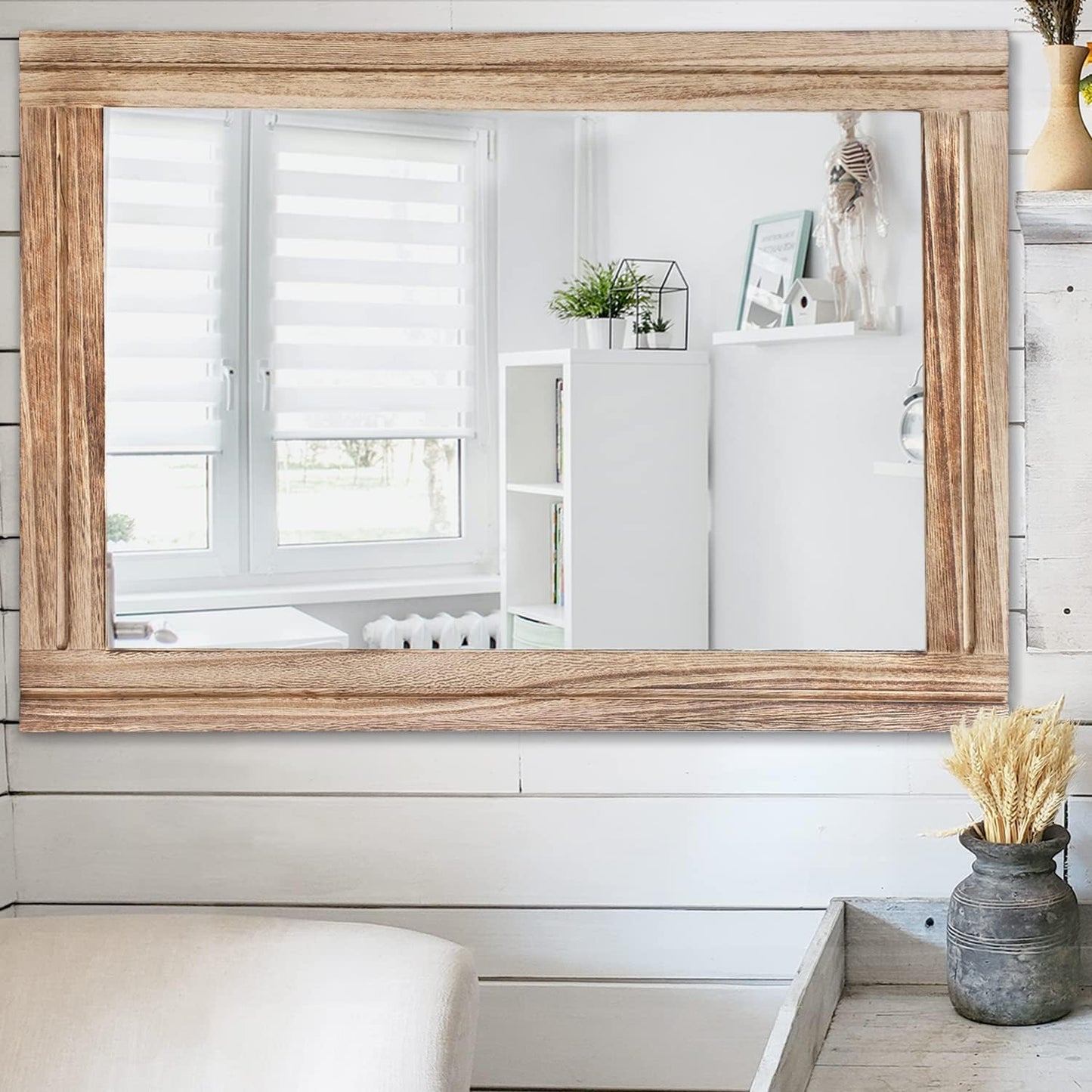 AAZZKANG Rustic Mirror for Wall with Rectangle Wood Framed Decorative Hanging Mirrorrs Large 28"x20"for Bedroom Bathroom Living Room Dressing Room