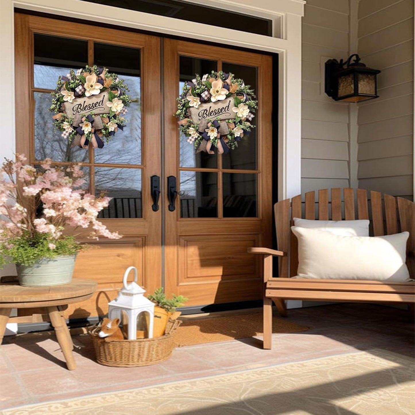 Spring Summer Wreath for Front Door,Farmhouse Magnolia Porch Decoration,Front Door Hanger,Housewarming Gift, Buffalo Plaid Year Round Wreath,Summer Home Decor
