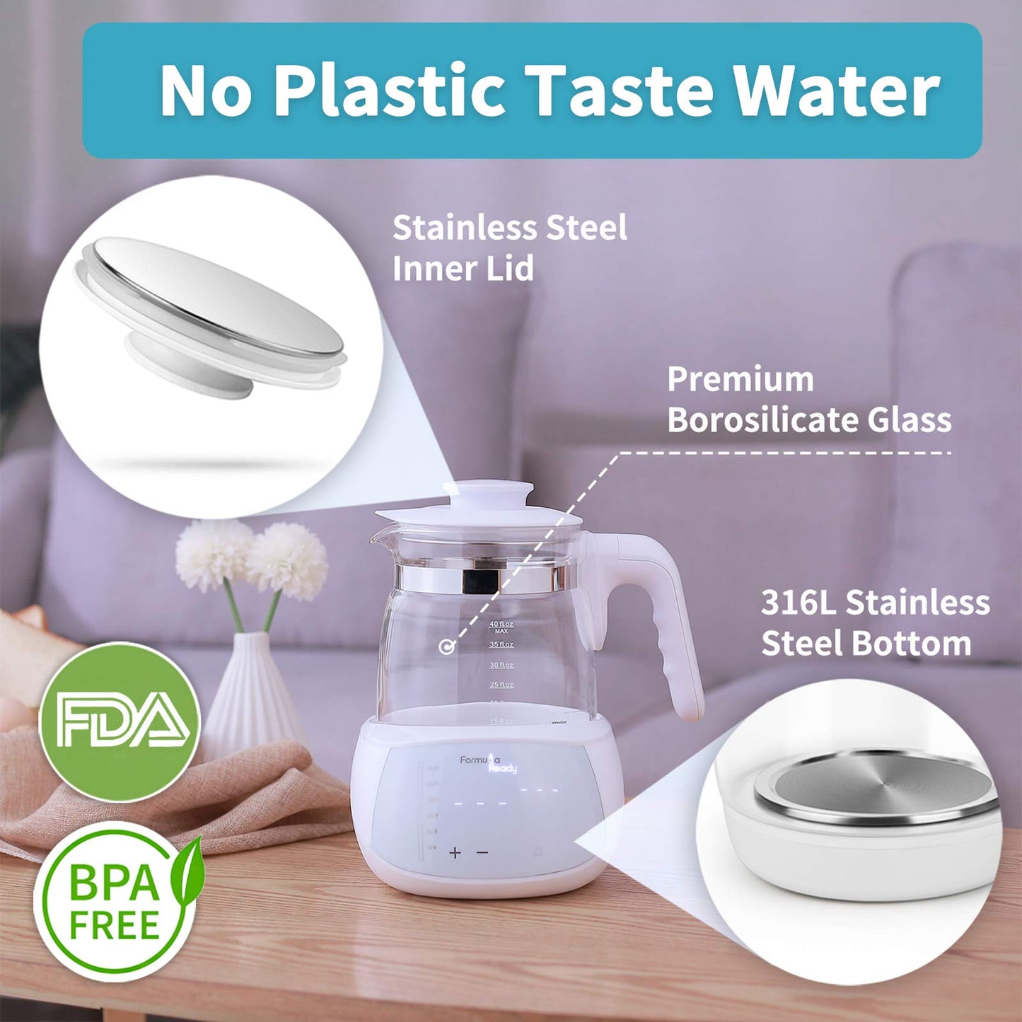 Formula Ready Baby Water Kettle- One Button Boil Cool Down and Keep Warm at Perfect Temperature 24/7 - Dispense Water Instantly- Replace Traditional Bottle Warmer