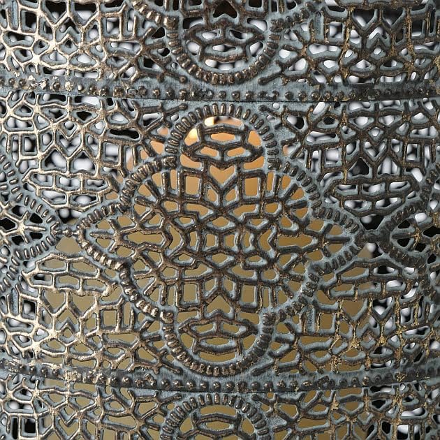 3 Piece Alhambra Hurricane Lantern Set, Lattice, Quatrefoil Pattern Metal Work, Distressed Dark Gold and Grey, Green Patina, 15.75 Inches Null