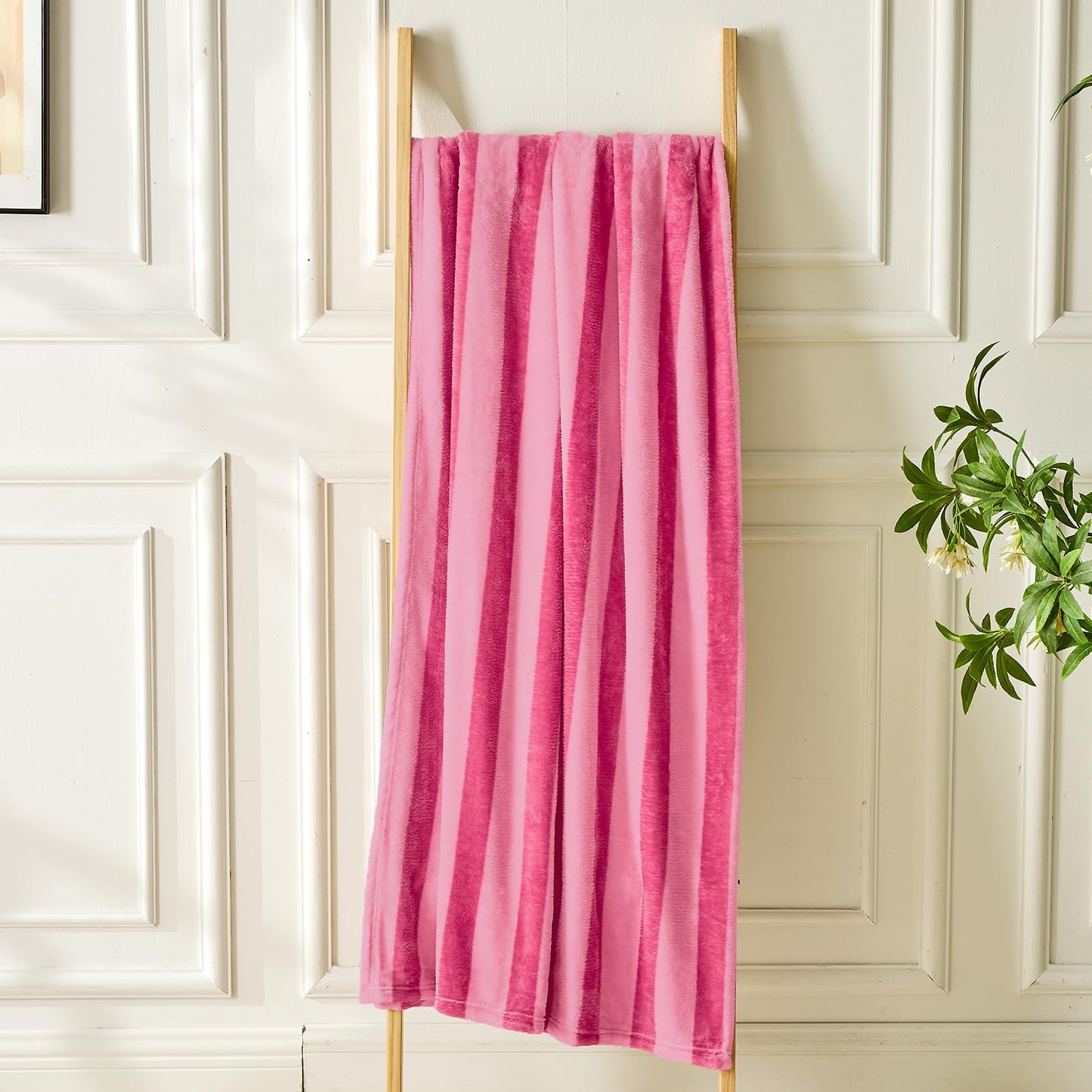 FY FIBER HOUSE Striped Flannel Twin Blanket for Couch Soft Cozy Blankets for Sofa All Season Use, 60x80 Inches, Hot Pink