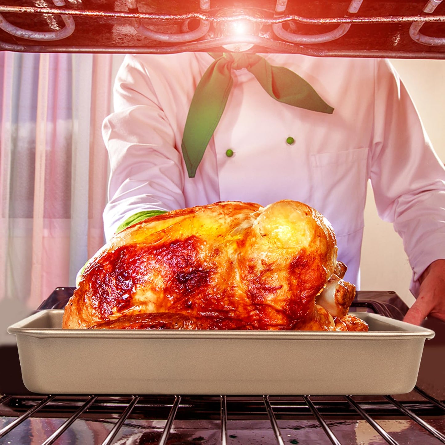 Set of 6 Nonstick Baking Pans, 11-Inch Rectangle Cake Sheets, Bread Loaf & Turkey Roasting Trays, Carbon Steel Bakeware, Pink Oven Baking Trays for Bread & Cake (Gold)
