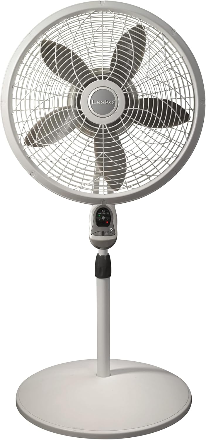 Lasko Elegance and Performance Pedestal Stand Fan, 3-Speeds, 90 Degree Oscillation, Adjustable Height, Timer, Remote for Indoor, Bedroom, Living Room, Home Office, Dorm Use, 18 Inch, White, 1850