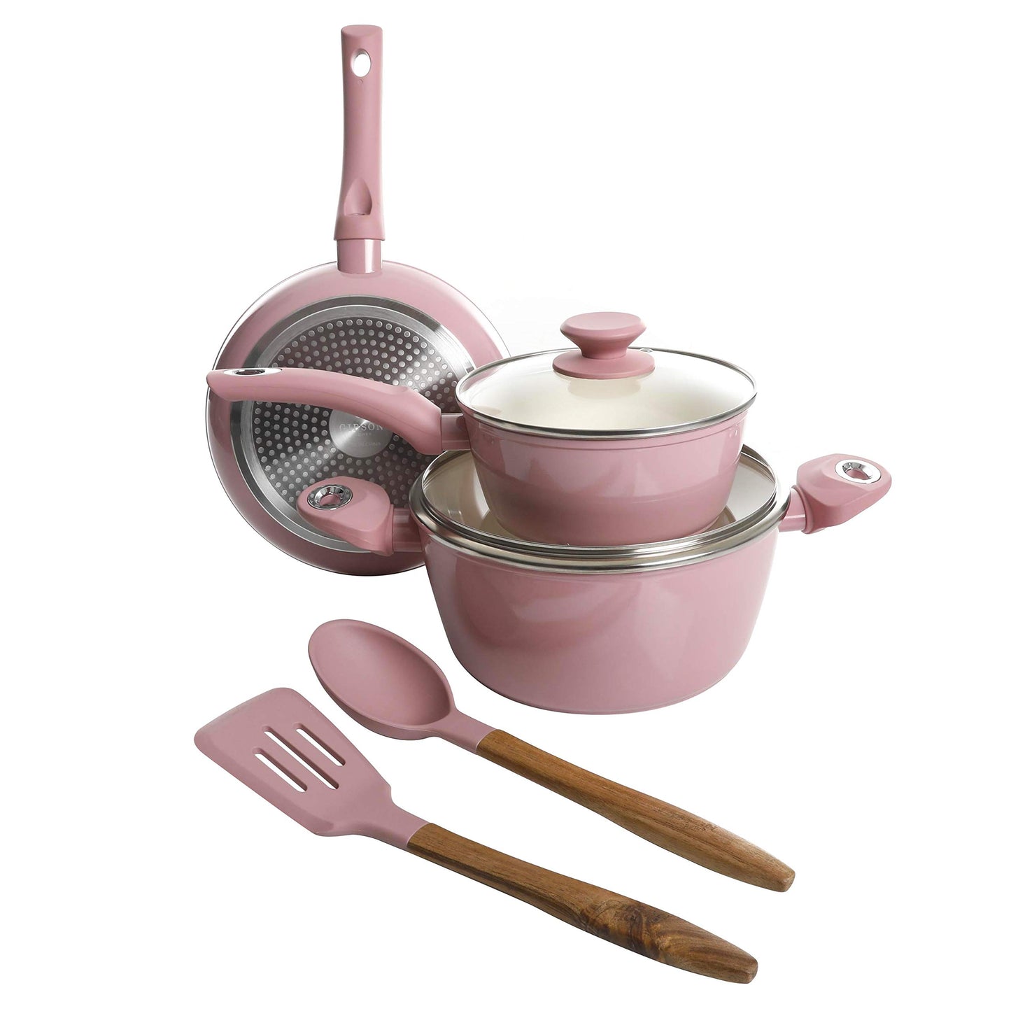 Gibson Home Plaza Café Forged Aluminum Healthy PFA-Free Ceramic Pots and Pans Cookware Set, 7-Piece Set, Lavender Pink