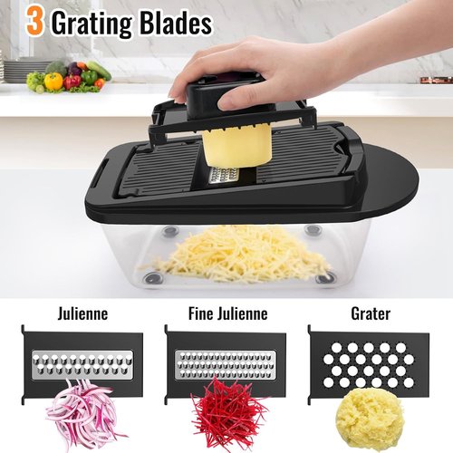12 Blade Vegetable Chopper Mandoline Slicer - All-in-One Kitchen Gadget with Container | Black