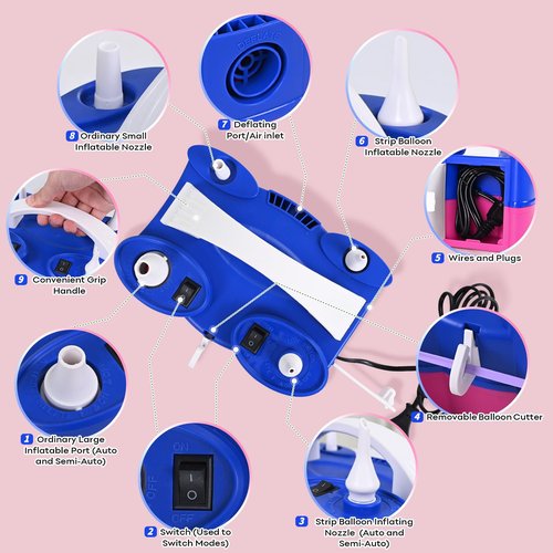 Balloon Pump Electric, Multifunctional Air Pump for Latex 260q Foil Balloons, Dual Nozzle Balloon Blower Machine for Birthday Party Decoration, 110V AC Inflator Deflator for Inflatables Pool Floats