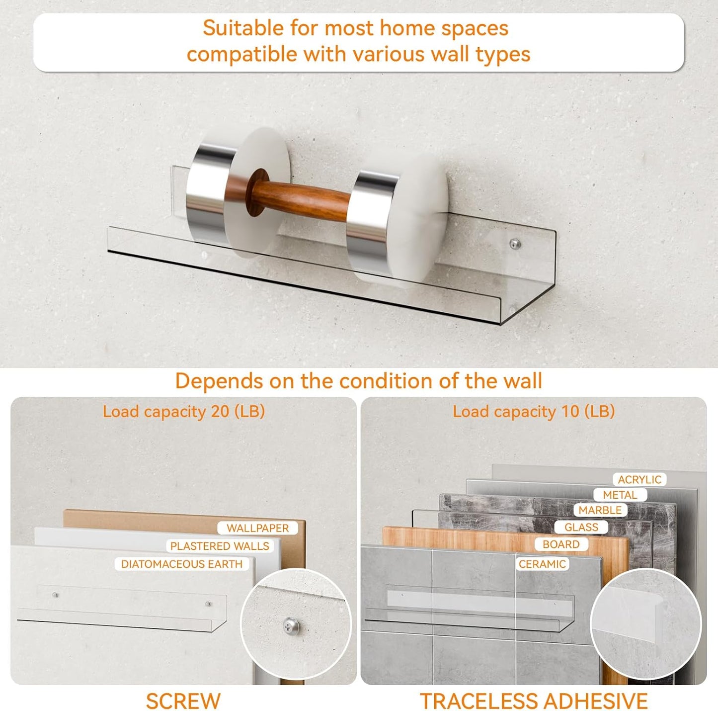 Skiennix 15-Inch Clear Acrylic Floating Shelves - No Drill, Renter-Friendly Wall Display for Bathroom & Kids Room