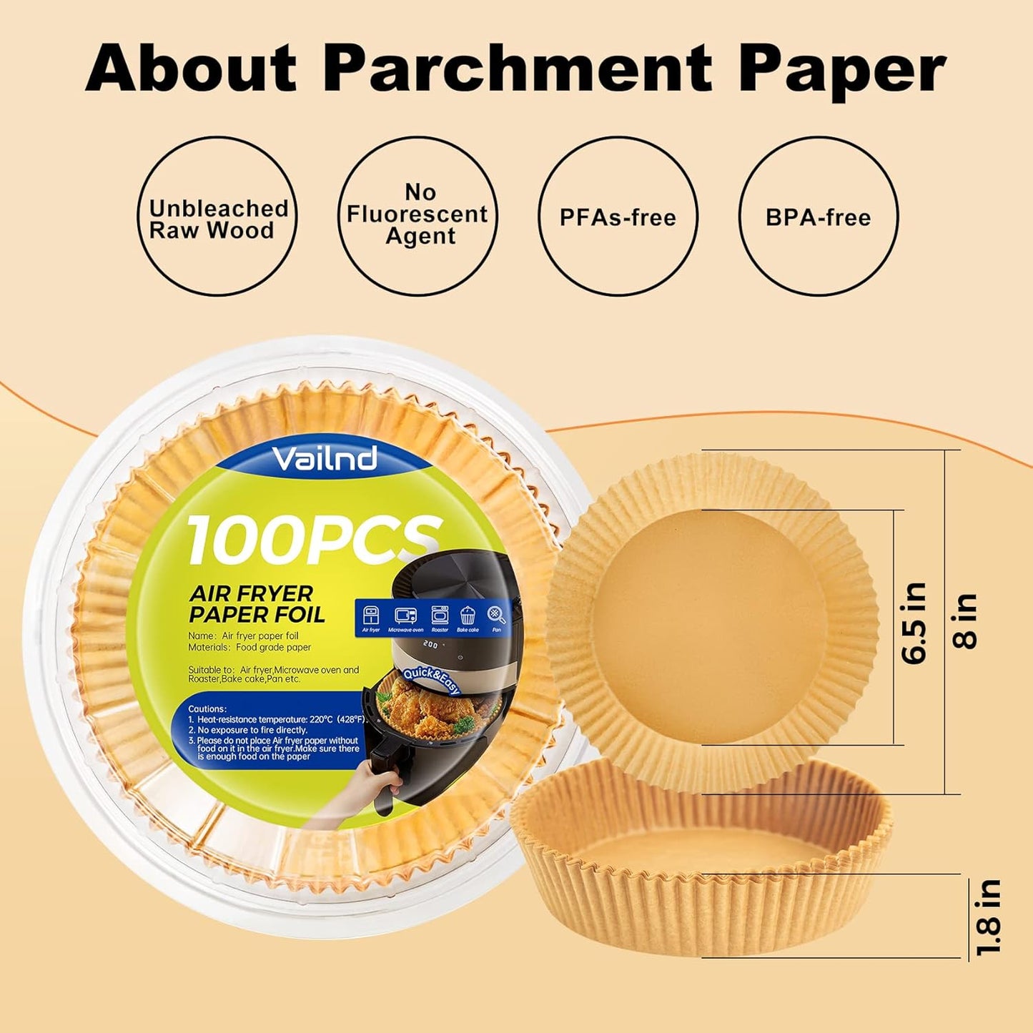 Skiennix 100Pcs Air Fryer Liners - Disposable Parchment Sheets, 6.5 Inch Round for Easy Baking & Cooking
