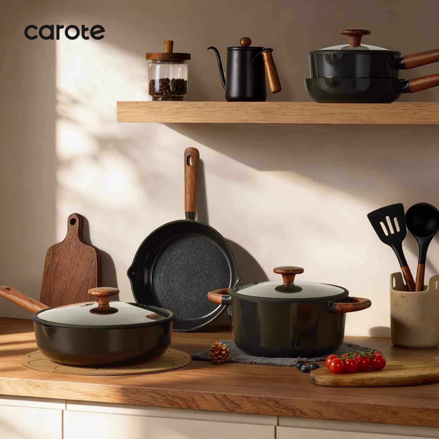 CAROTE 21pcs Cookware Set Nonstick Pots and Pans Set, Ceramic Cookware Set Induction Cookware, Non toxic Healthy Non Stick Kitchen Cooking Set, PFAS PTFE Free, Black