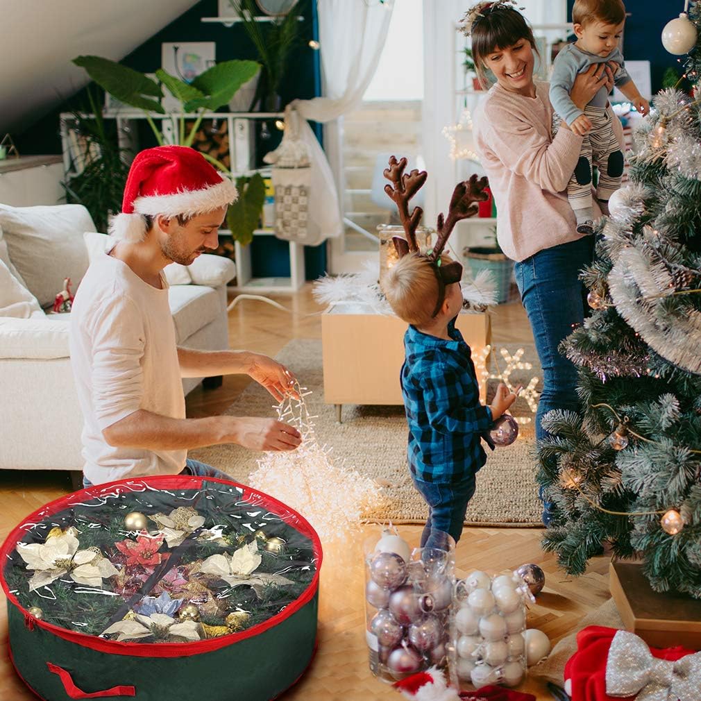 Primode Christmas Wreath Storage Bag 24" - Durable 600D Oxford Container with Clear Window for Easy Holiday Storage | Green