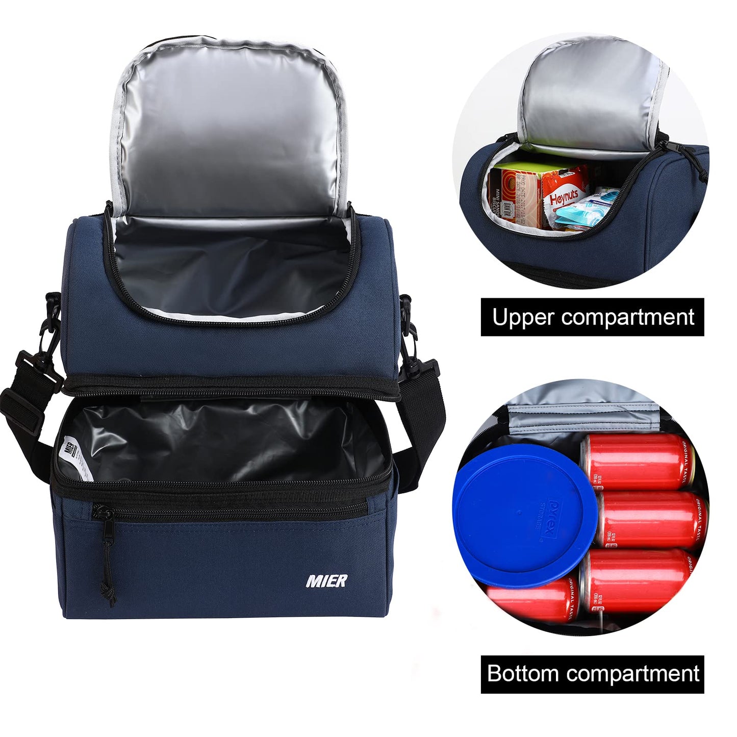MIER Adult Lunch Box Insulated Lunch Bag Large Cooler Tote Bag for Men Women to Work Travel Daytrip, Double Deck Cooler (Navy, Large)