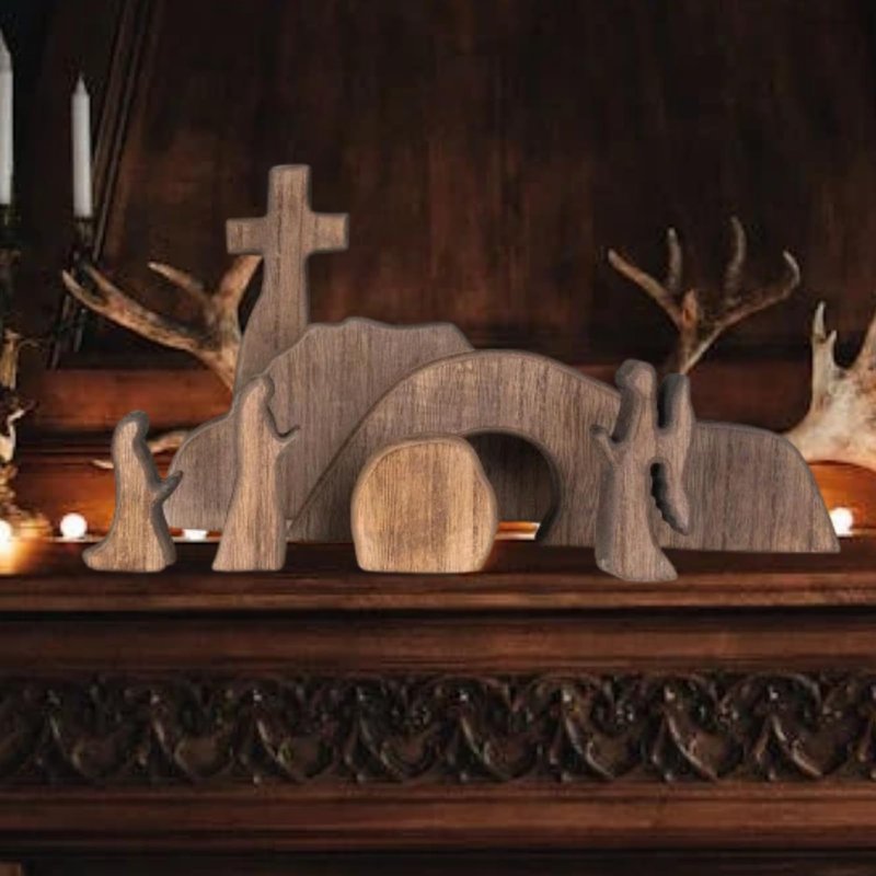 Skwelom Wooden Empty Tomb Easter Scene, Religious Home Decor, Cross and Figures, Rustic Brown,Great Addition to Easter Decor