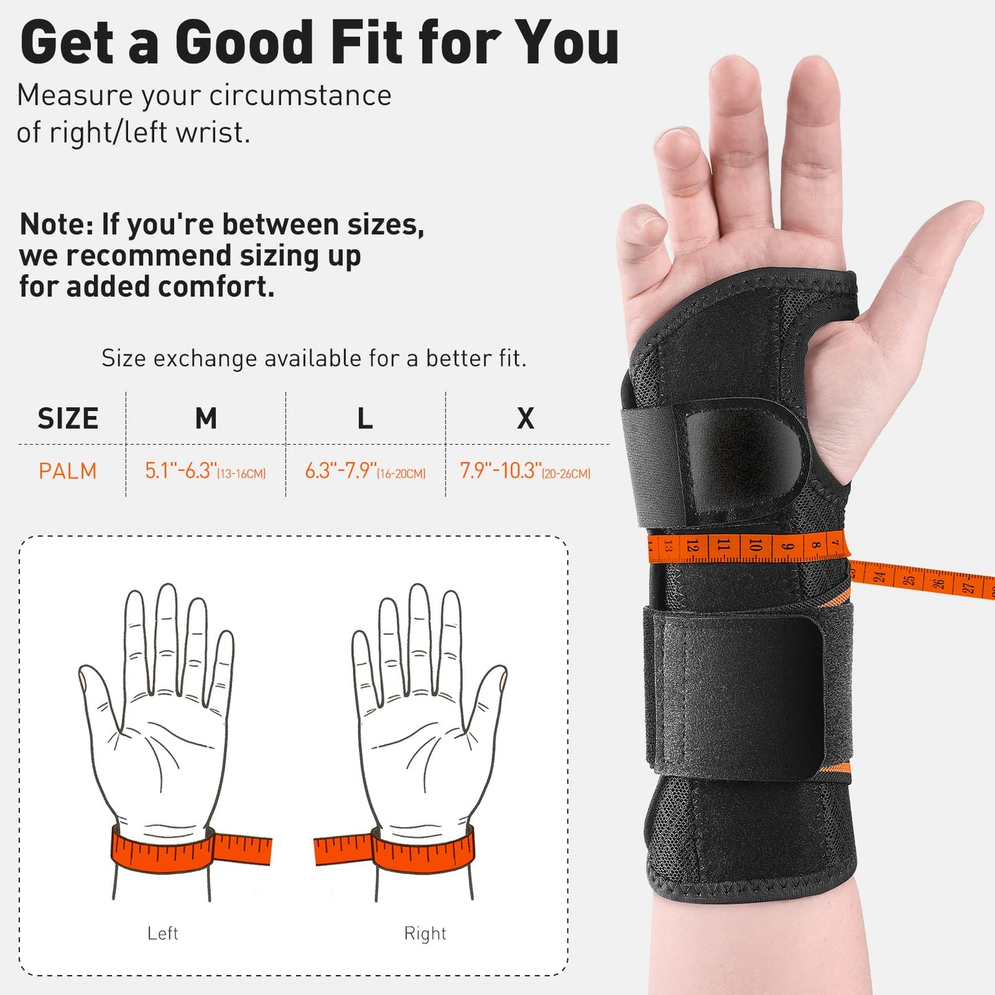 Kneopms Carpal Tunnel Wrist Brace Night Support Fit Right Hand for Work, Pain Relief Wrist Splint for Tendonitis, Sprain, Strain, Rigid Hand Brace for Arthritis for Women and Men (Black, XL, Left)