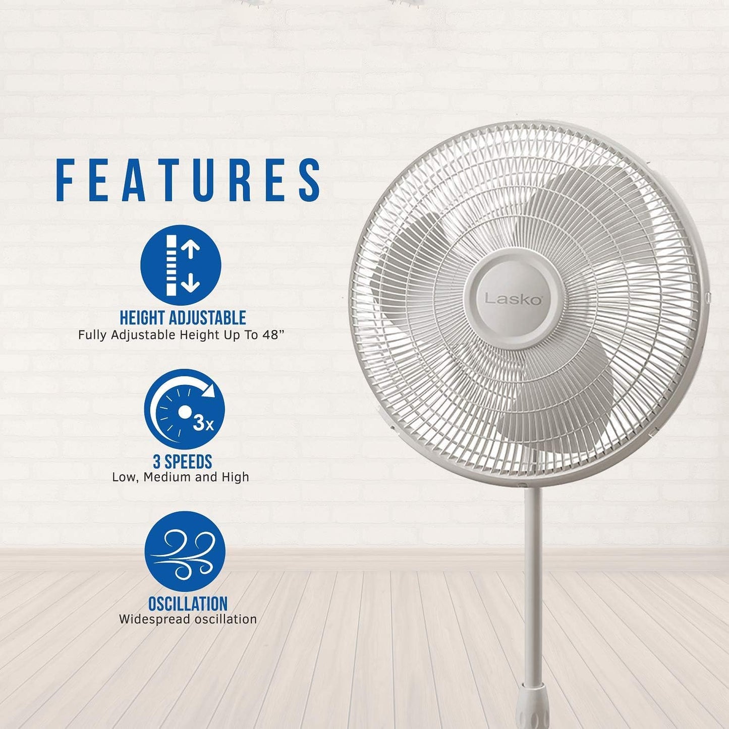 Lasko Elegance and Performance Pedestal Stand Fan, 3-Speeds, 90 Degree Oscillation, Adjustable Height, Timer, Remote for Indoor, Bedroom, Living Room, Home Office, Dorm Use, 18 Inch, White, 1850