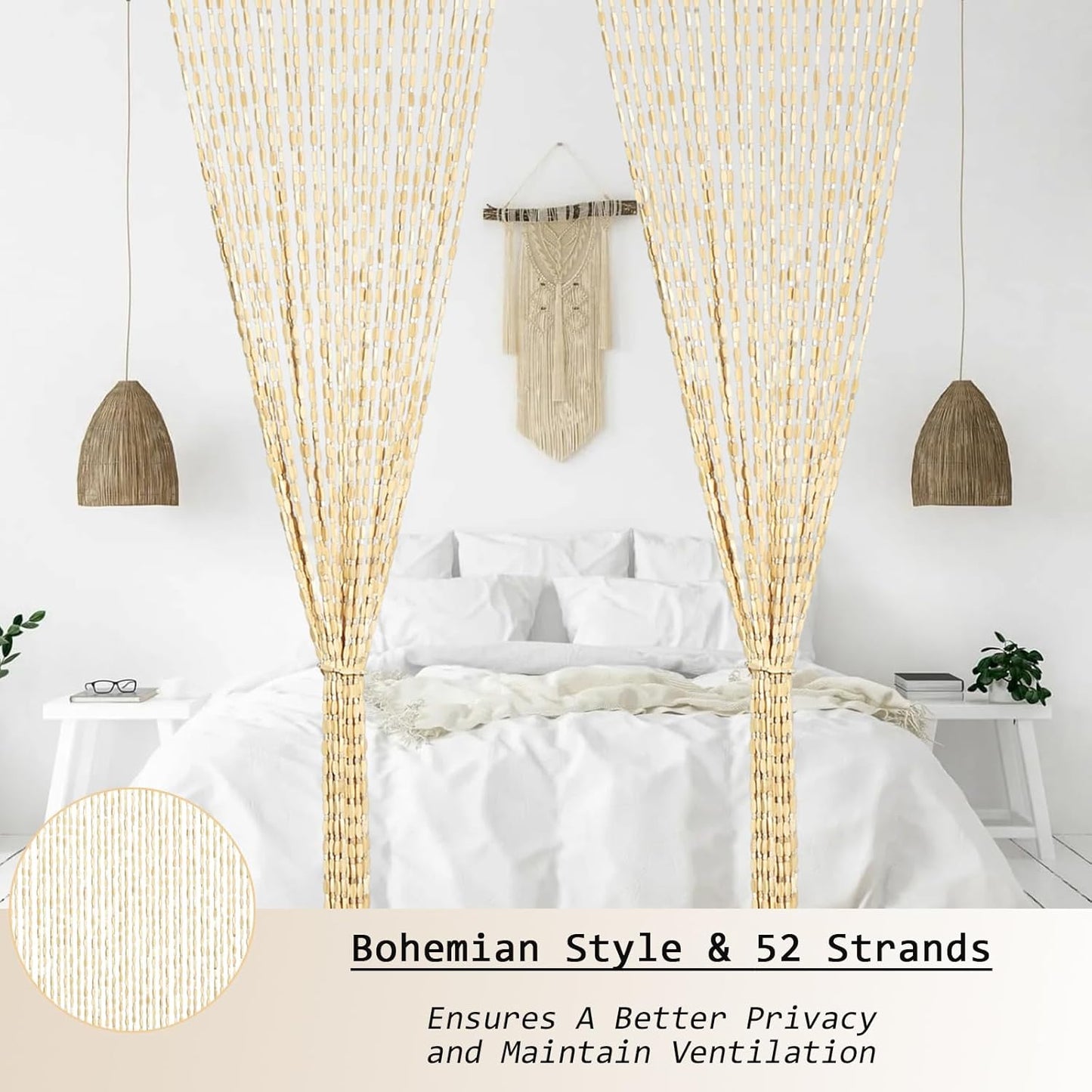 35.5" x 75" Bamboo and Wood Beaded Curtain for Doorway 52 Strands Handmade Bohemian Door Beads Curtain Boho Hanging Room Divider for Bedroom Living Home Deco, Beige