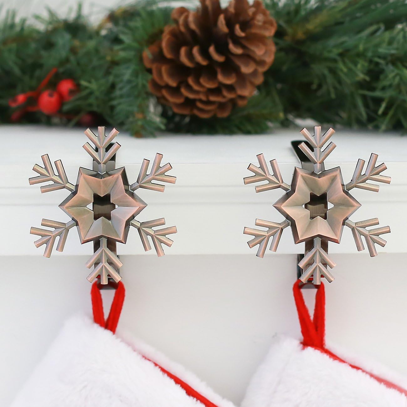 Gold MantleClip Stocking Holders Set - 4-Pack Removable ZINC Alloy Holiday Icons