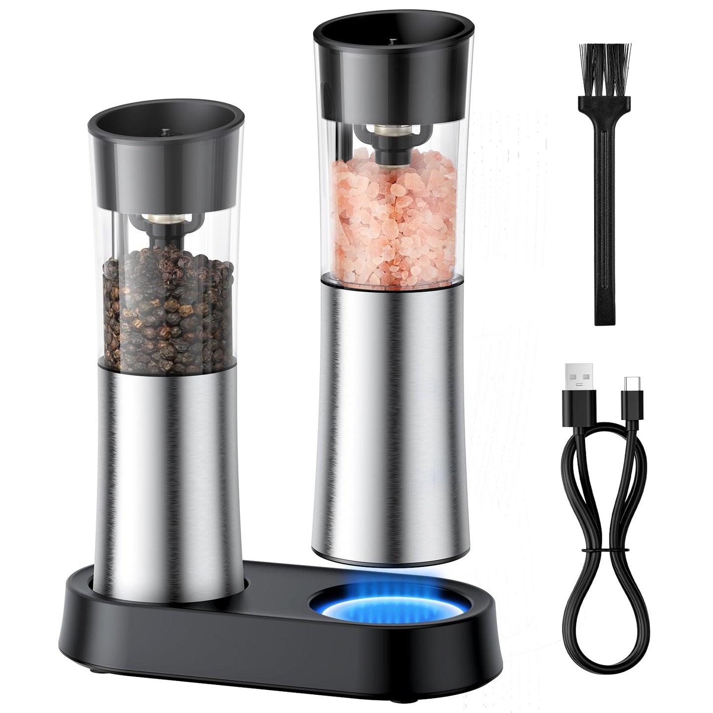 Electric Salt and Pepper Grinder Set — Gravity Rechargeable Salt Pepper Grinder with Charging Base and LED Light, Adjustable Coarseness, Large Capacity, One-handed Operation Salt Pepper Mills