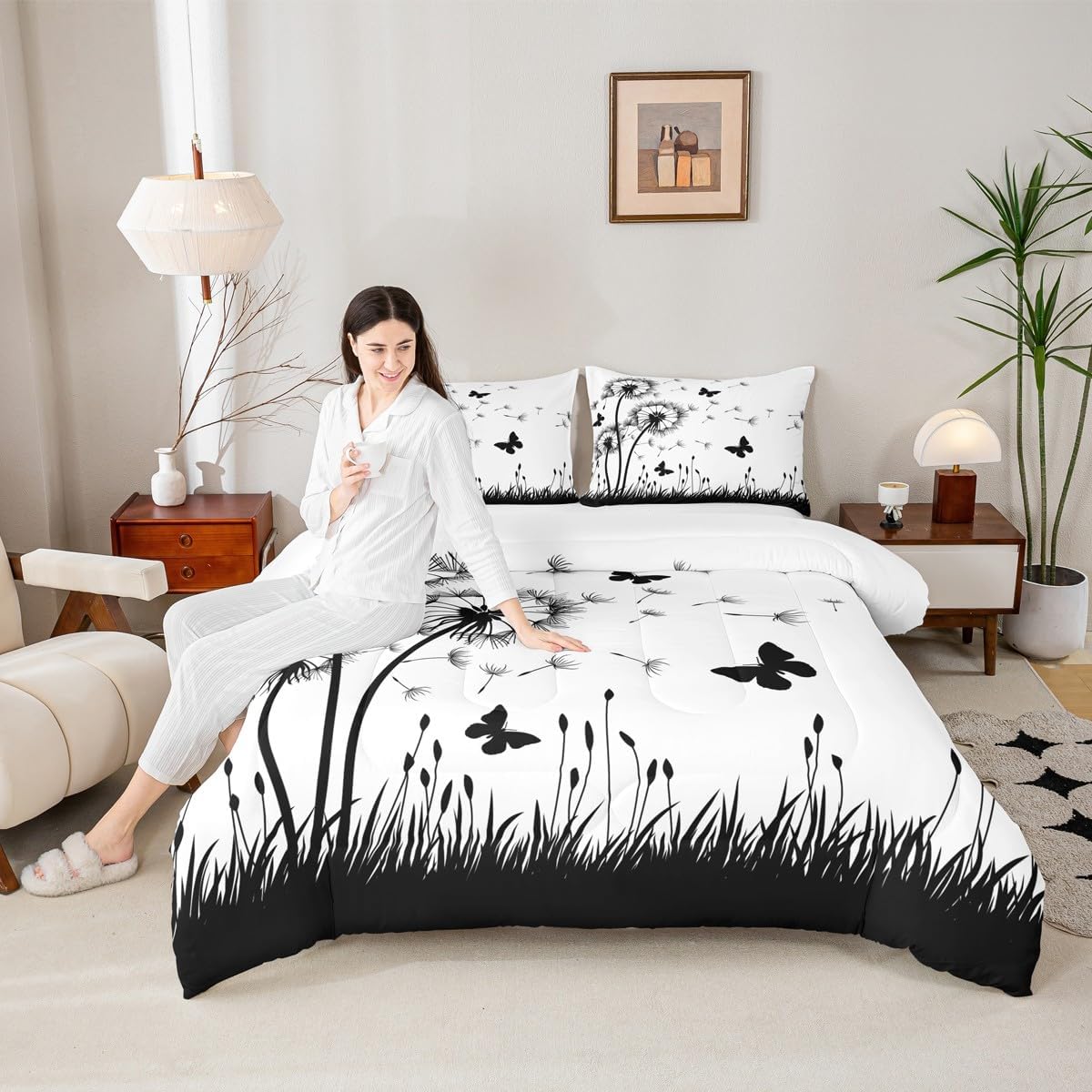 Homewish Dandelion Comforter Set Queen Size,Rustic Natural Bedding Set 3pcs for Kids Teens Girls Boys Room Decor,Butterfly Floral Animal Quilt Set Black and White Duvet Insert with 2 Pillowcases