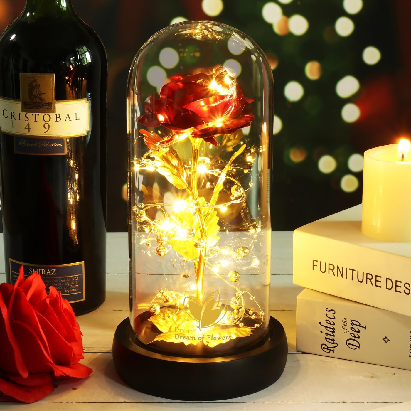 Birthday Gifts for Women,Beauty and the Beast Rose in Glass Dome,Preserved Rose with Warm Lights,Flower for Delivery Prime,Forever Flower Gifts for Women Mom Wife Girlfriend, Anniversary Birthday Gift