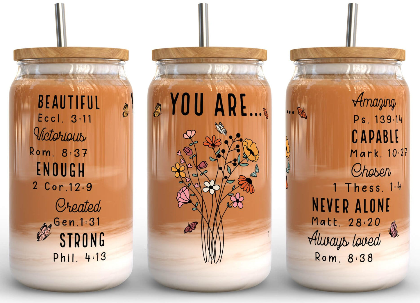 Fancyfams 16 oz Glass Drinking Cup with Bamboo Lid, and Straw, Women of the Bible Drink Cup, Christian, Religious, Mothers Day, Birthday Gifts for Women, Affirmation, Jesus Coffee Jar (You Are)