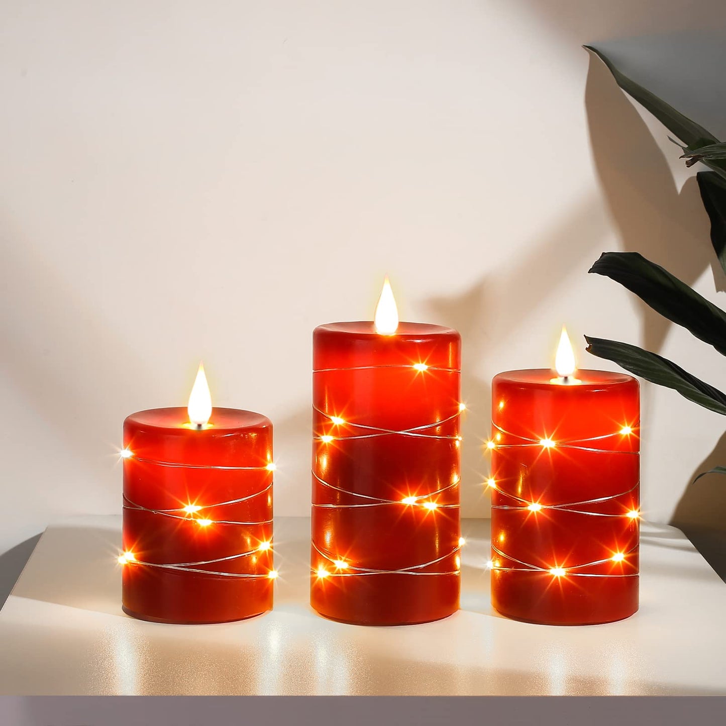 Upinmz Red Flameless Candle with Remote Control and Timer,Flickering Battery Operated Candles with String Lights,LED Pillar Candles,Set of 3