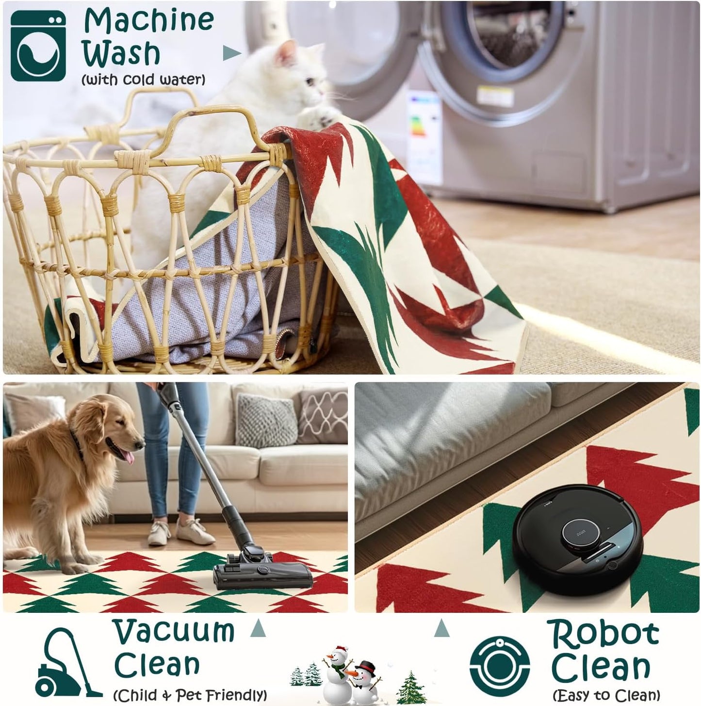 jinchan Christmas Runner Rug 3x8 Hallway Rug Xmas Tree Runner Kitchen Rug Soft Washable Non Slip Holiday Decorative Floor Carpet for Bedroom Bathroom Laundry Living Room (Red & Green on Cream,3x8ft)