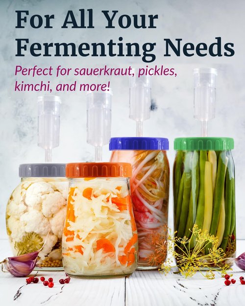 Elementi Mason Jar Fermentation Lids - Easy to Use Fermenting Lids for Wide Mouth Mason Jars - Make Delicious Sauerkraut & Kimchi, Airlocks Fermentation Kit, Burping Air Lock Fermenters - Set of 4