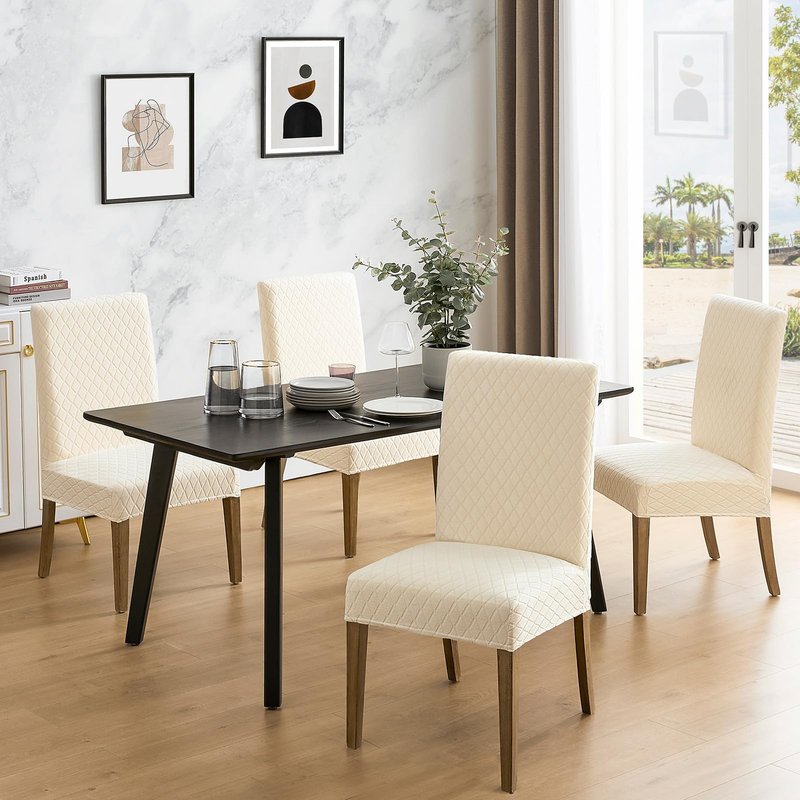 MOSAYT 100% Waterproof Dining Room Chair Covers Set of 4, Super Fit Stretch Jacquard Parson Chairs Slipcovers Removable Washable Chair Seat Protectors for Home, Kitchen, Banquet (Beige)