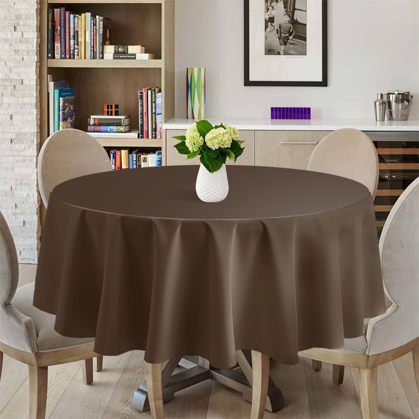 Kongdaoth Brown 12 Pack Plastic Tablecloths 84" Disposable Round Table Cloth Plastic Table Cover for Party Disposable Tablecloths