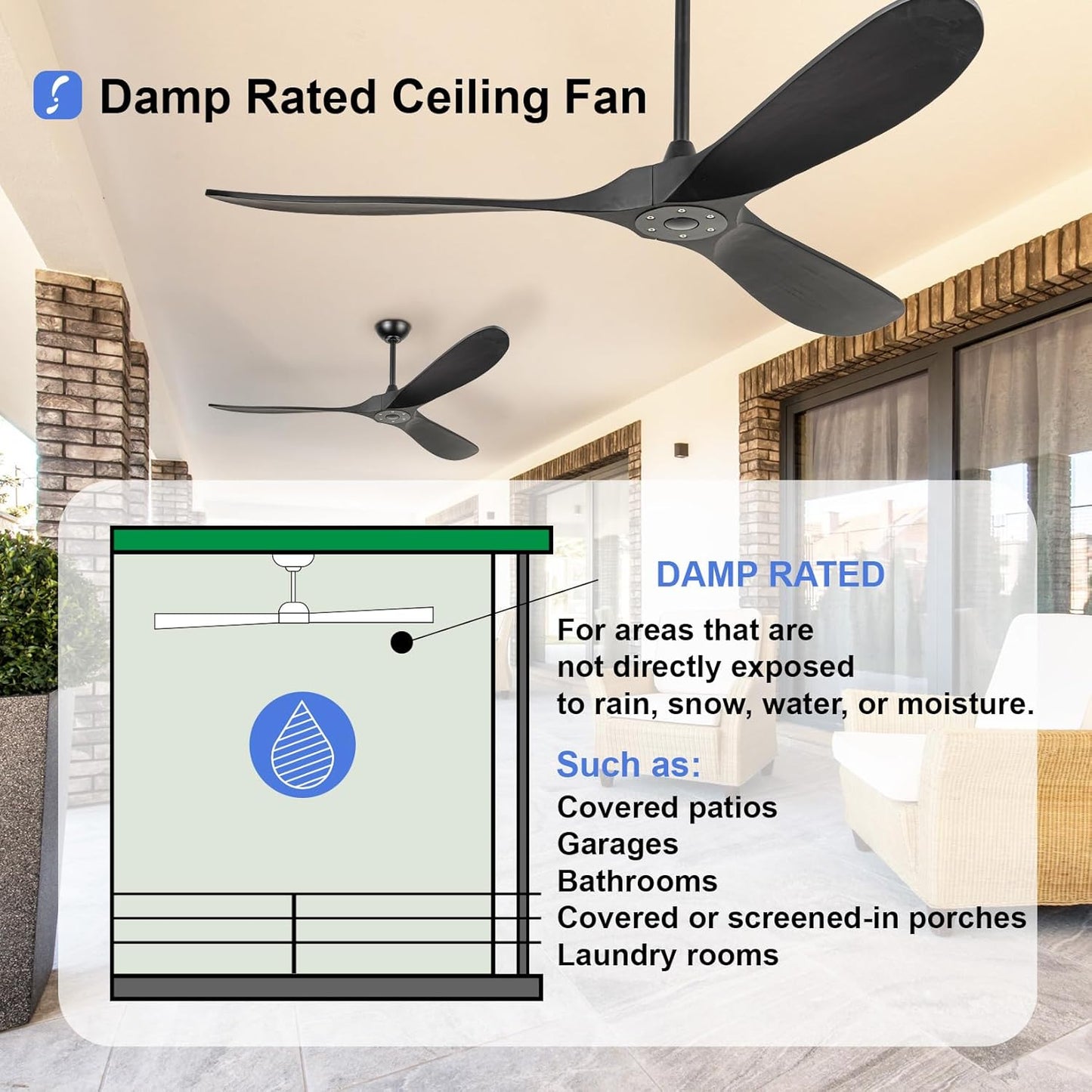 60 inch Ceiling Fans Without Lights, Wet Rated Outdoor Ceiling Fans with 3 Wood Blades, for Patios Outside Porch, Noiseless Reversible DC Motor and Remote, for Outdoor Indoor,Black