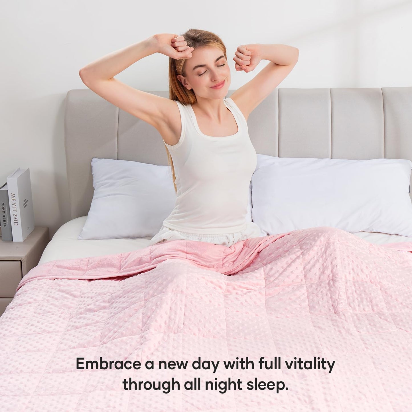 Wemore Minky Dot Weighted Blanket for Adults Twin Size 15 lbs, Soft Cozy Heavy Blanket for Stress Relief and Sleep Promotion, Breathable Blanket for All-Season with Glass Beads, Pink 48 x 72 inches