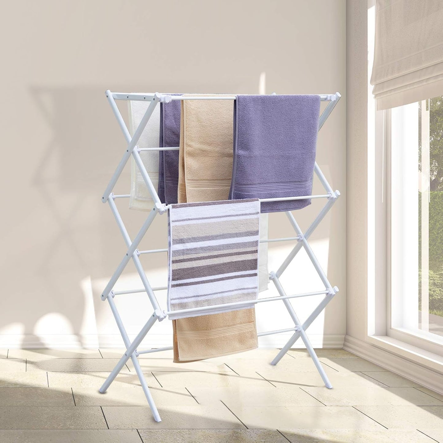 Skiennix Foldable Clothes Drying Rack - Portable 3-Tier Laundry Organizer for Indoor/Outdoor Use - White