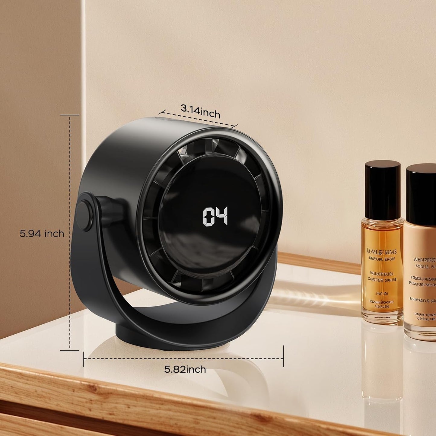 MORECORE Portable Desk Fan - Turbo Quiet with Strong Airflow, 360° Rotation, 5 Speeds, 4000mAh Battery, LED Display - Black