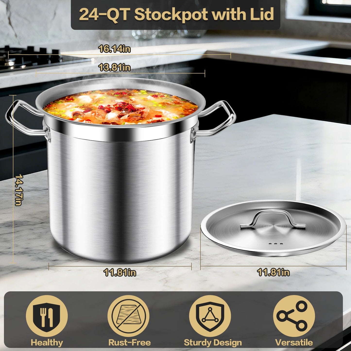 Stainless Steel Stock Pot - 24QT Heavy Duty Induction Cooking Pot with Lid, Nonstick Thick Bottom Big Stockpot, Deep Cookware for Canning, Boiling Beer Brewing, Soup, Seafood Boil Soup Pots