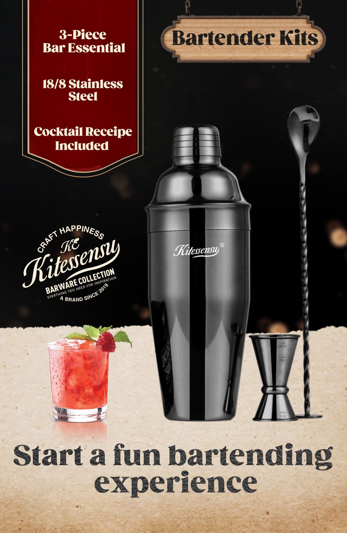 KITESSENSU Cocktail Shaker Set, Stainless Steel Martini Shaker Set with 24 Ounce Cocktail Mixer with Drink Shaker, Measuring Jigger, Bar Spoon & Drink Recipe Guide, Black