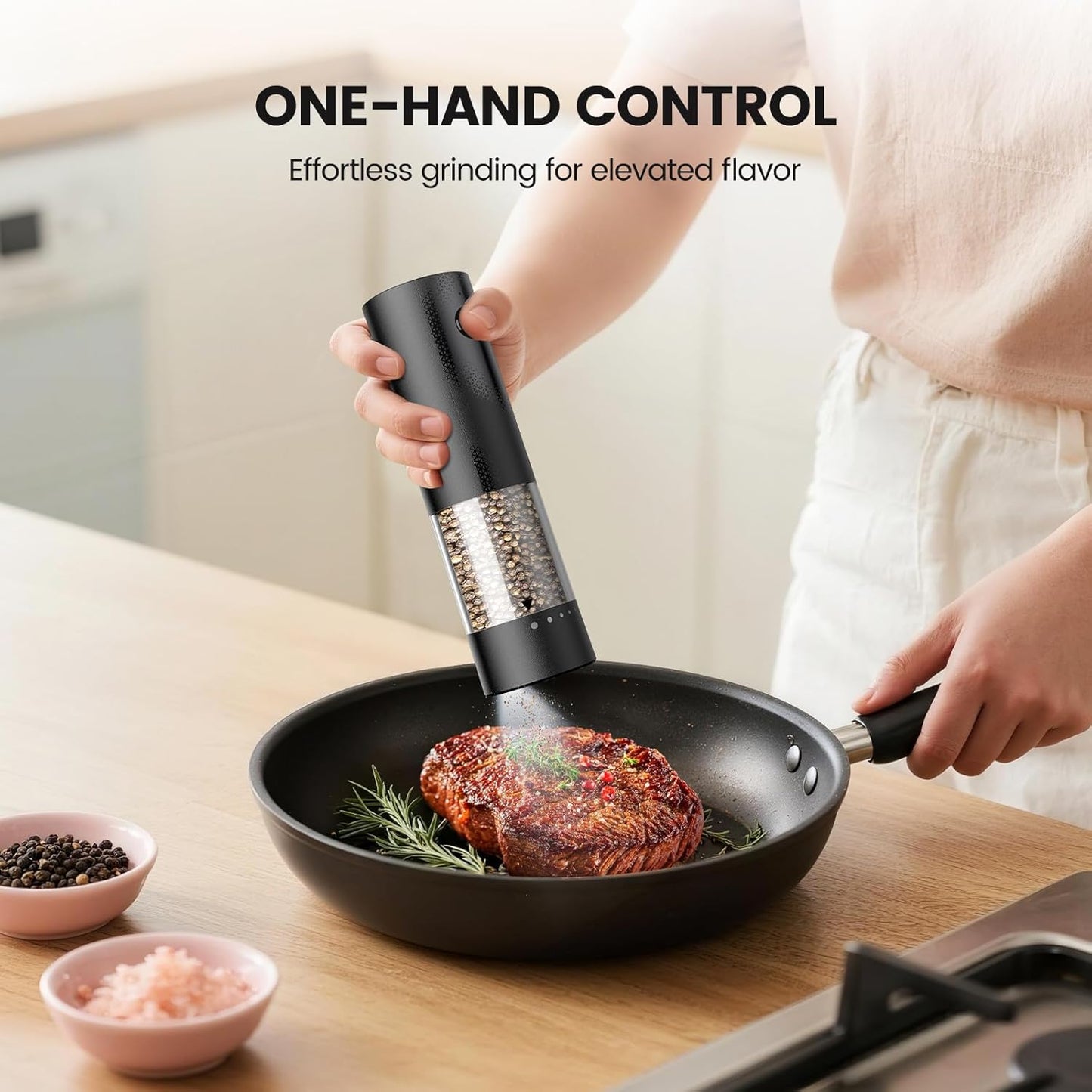 Skiennix Electric Salt and Pepper Grinder Set - Rechargeable Automatic Shakers with Adjustable Coarseness | 2 Pack, Black
