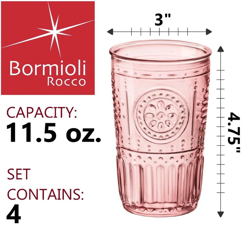 Bormioli Rocco Romantic Set Of 4 Tumbler Glasses, 11.5 Oz. Colored Crystal Glass, Cotton Candy Pink, Made In Italy.
