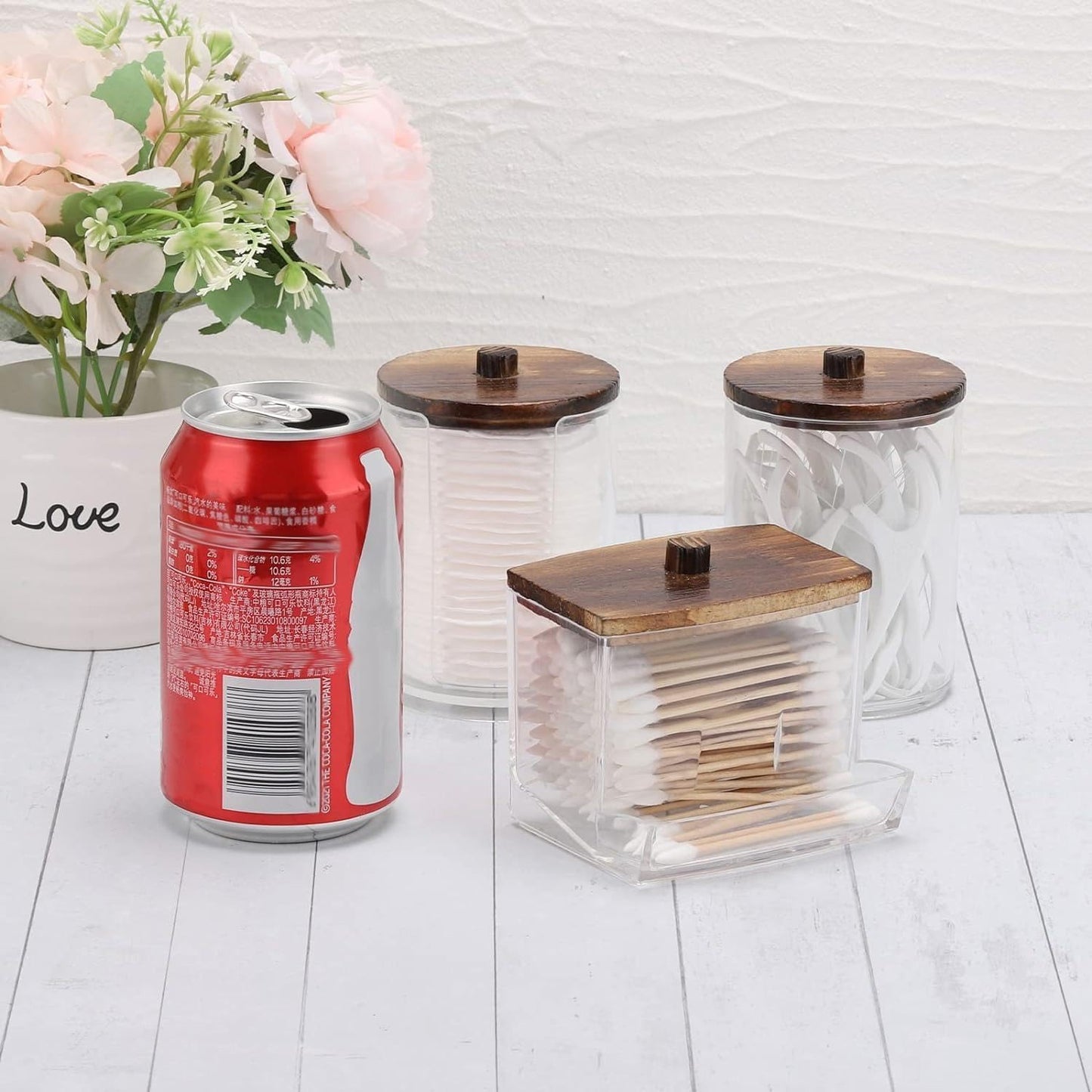Tbestmax Bathroom Organizer Set | 3-Piece Apothecary Jar Set with Wood Lids for Q-Tips & Cotton Balls