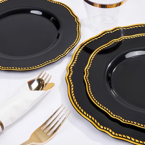 Hioasis 175pcs Black and gold Plastic Plates - Gold Plastic Dinnerware Set Includes 25 Dinner Plates, 25 Dessert Dinnerware, 25 Cups, 25 Napkins Perfect for Wedding & Party