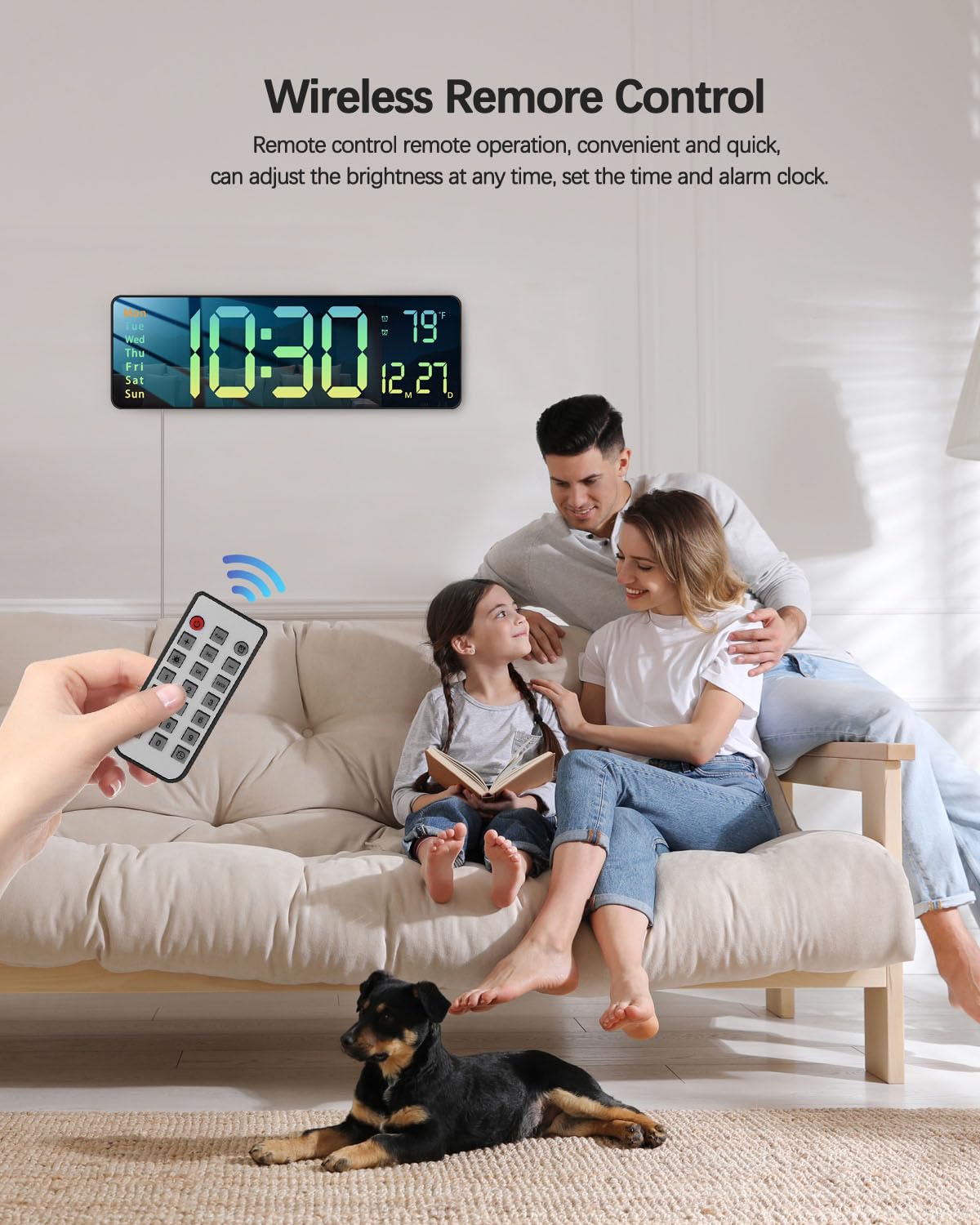 Modern 16" Large Digital Wall Clock with Remote Control, LED Display, Auto-Dimming, Countdown, Temperature, Calendar - 12/24Hr Format - Silent Wall Clock for Home, Office (Gradient Green)