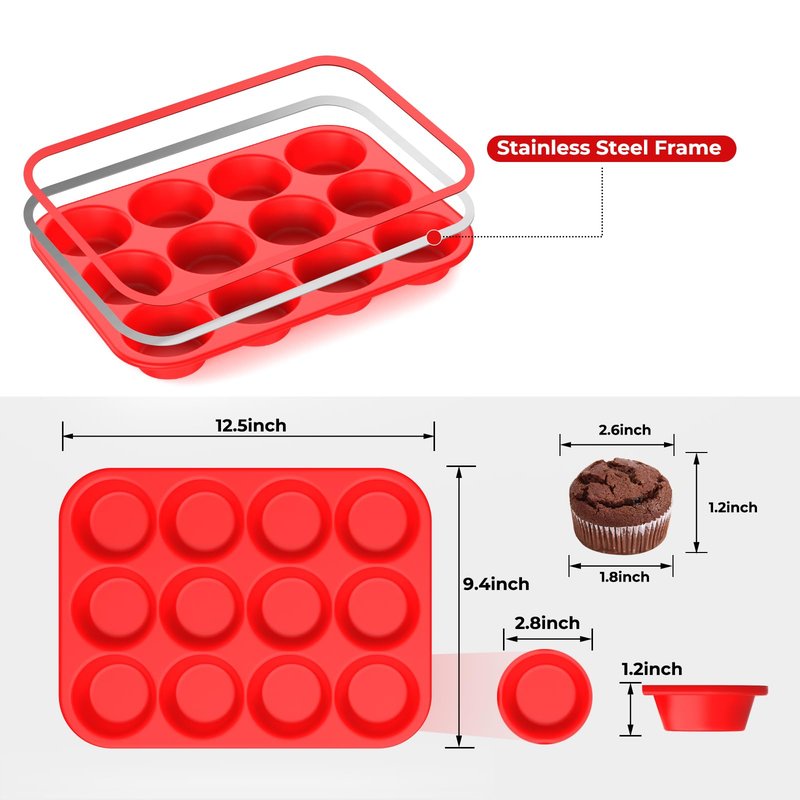 Silicone Muffin Pan for Baking: 12 Cup Muffin Pan with Metal Reinforced Frame, Regular Size Cupcake Egg Bites Molds for Baking, BPA Free Silicone Muffin Tray, Dishwasher Safe (1 Pack, Red)