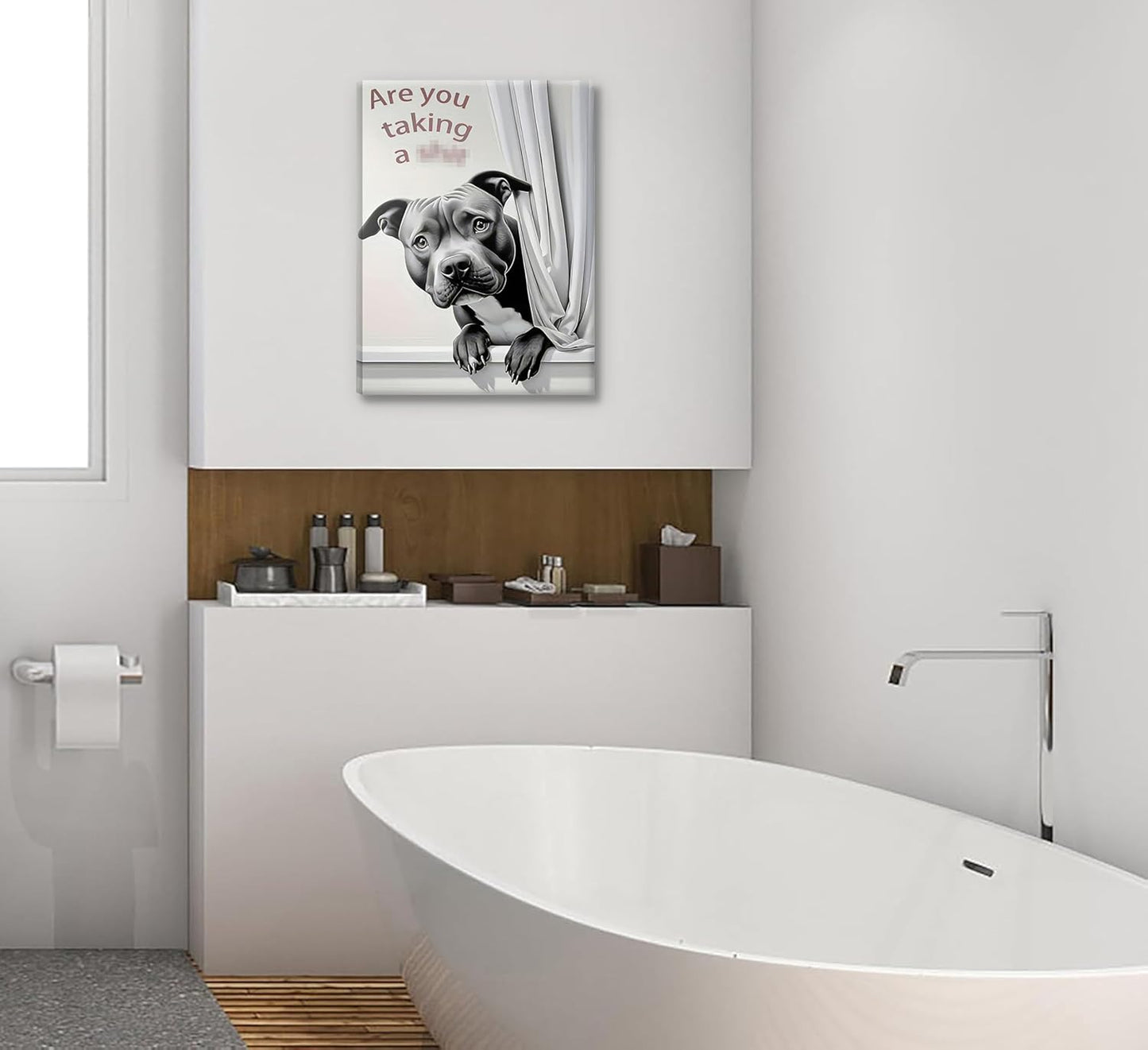 KADEYEE Funny Dog Wall Art - French Bulldog Peeking Into Toilet | Black & White Bathroom Decor, 12x16 Inch Framed Print