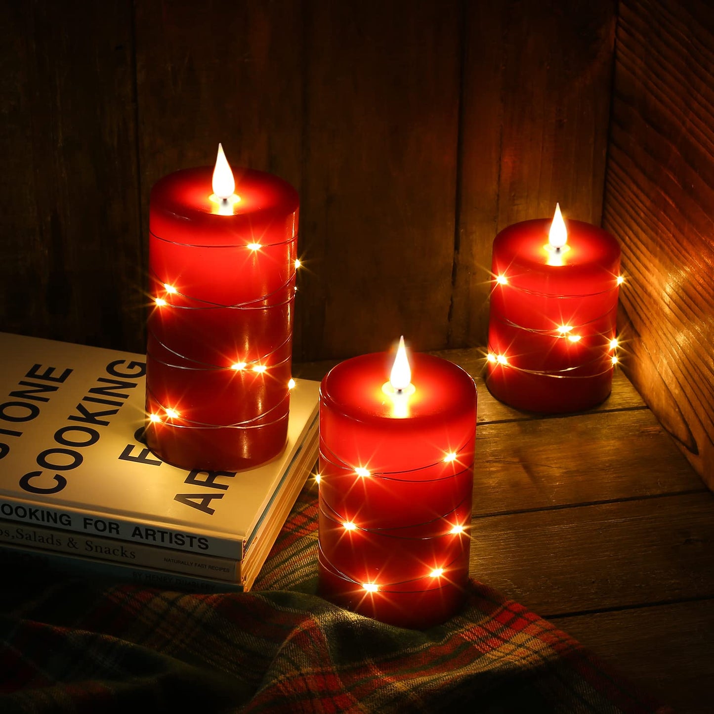 Upinmz Red Flameless Candle with Remote Control and Timer,Flickering Battery Operated Candles with String Lights,LED Pillar Candles,Set of 3