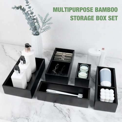 Bamboo Drawer Organizer - 5 PCS Black Silverware Tray & Desk Storage | Removable Cabinet Dividers for Kitchen & Office