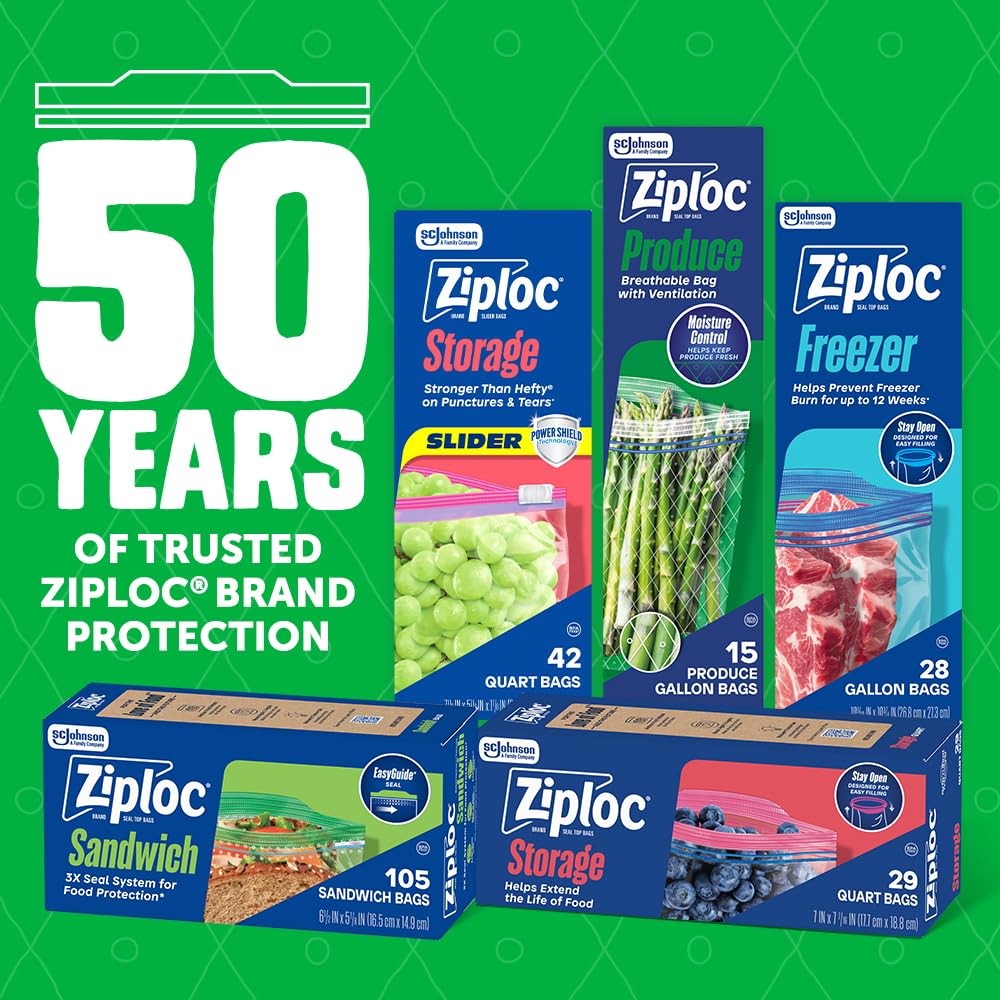 Ziploc Food Storage Produce Bags, Seal Top to Keep and Control Moisture, 15 Bags Total